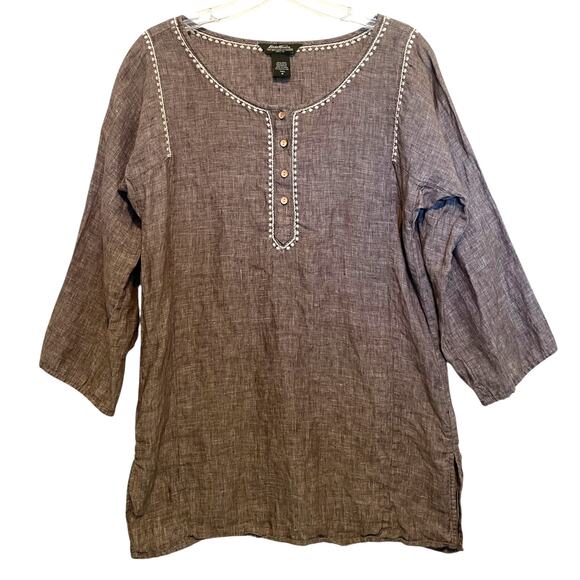 Eddie Bauer Embroidered Linen Top Womens Medium Tall Brown White Boho Lagenlook - Picture 2 of 7